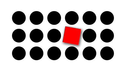 красный квадрат среди черных кругов